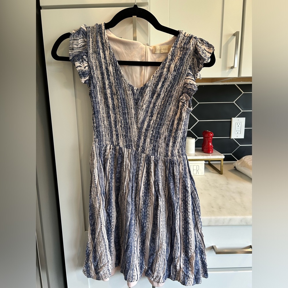 blue and cream dress - looks pinker in photo than it actually is.